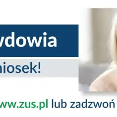 Uśmiechnięta starsza kobieta w okularach na tle napisu "Renta wdowia" i logo ZUS.