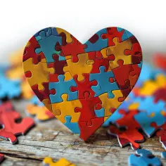 Serce z kolorowych puzzli na drewnianym tle.