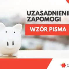 Biała skarbonka symbolizuje oszczędności, a napis "Uzasadnienie zapomogi" sugeruje pomoc finansową.