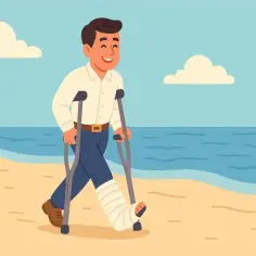 Uśmiechnięty mężczyzna na urlopie rehabilitacyjnym spaceruje po plaży z nogą w gipsie i kulami.