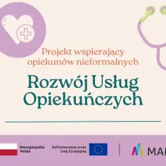 Ilustracja przedstawia wsparcie dla opiekunów nieformalnych, oferując rozwój usług opiekuńczych. Widoczni są starsi ludzie i opiekunowie, symbolizujący troskę i pomoc.