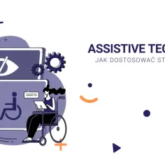 Ilustracja przedstawia kobietę na wózku inwalidzkim korzystającą z technologii wspomagającej, symbolizującej dostępność cyfrową.