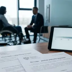 Na stole leżą dokumenty dotyczące ustalenia poziomu potrzeby wsparcia. W tle siedzi osoba na wózku inwalidzkim.