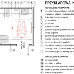 Plan przykładowej komfortki z wyposażeniem: umywalka, leżanka, uchwyty, podnośnik, prysznic.