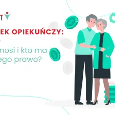 Para starszych osób, monety i tekst "ZASIŁEK OPIEKUŃCZY: ile wynosi i kto ma do niego prawo?".