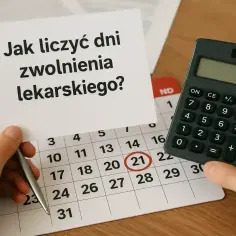 Kalkulator i kalendarz pomagają ustalić, ile wynosi zasiłek opiekuńczy. Dzień 21 jest zaznaczony.
