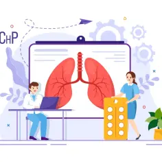 Ilustracja medyczna: lekarz przy laptopie, pielęgniarka z lekami, płuca i tekst "POChP".
