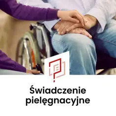 Dłoń młodej osoby obejmuje dłoń starszego mężczyzny na wózku. To symbol wsparcia i świadczenia pielęgnacyjnego na rodzica.