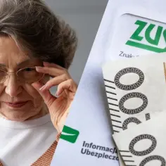 Starsza kobieta w okularach i polskie banknoty 200 zł z logo ZUS.