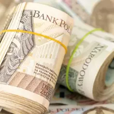 Zwijane banknoty polskie, związane gumkami.