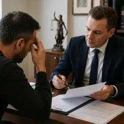 Mężczyzna w garniturze pokazuje dokumenty, sugerując wzór odwołania od decyzji lekarza orzecznika ZUS.