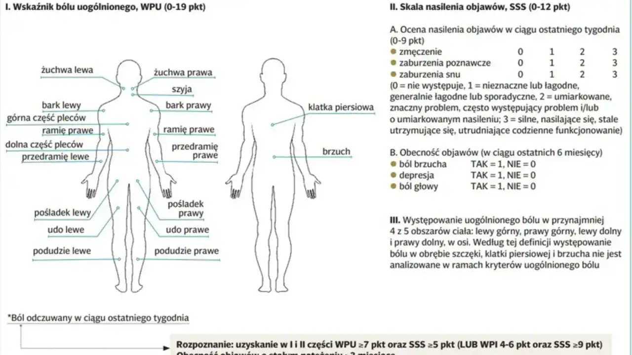 Schemat przedstawia lokalizację bólu w fibromialgii. Co to jest fibromialgia? To zespół objawów, m.in. bólu, zmęczenia, zaburzeń snu.