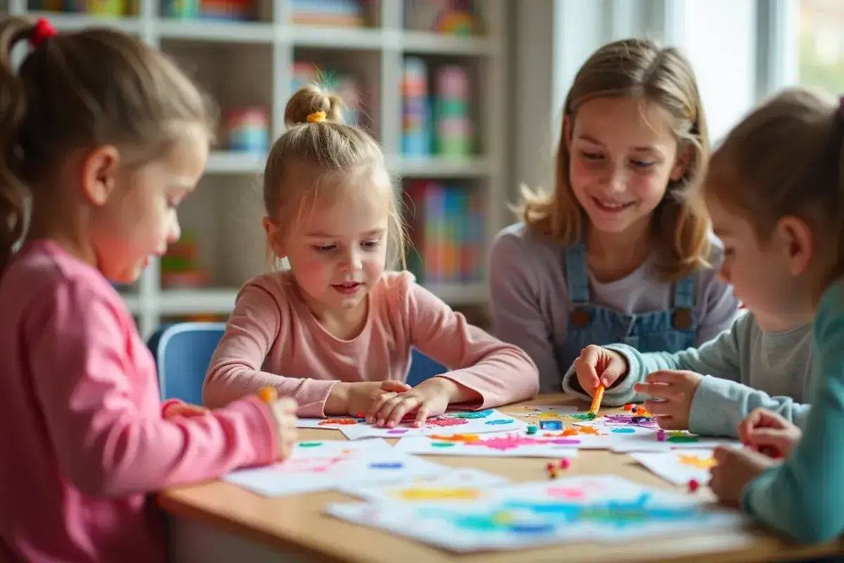 Cztery dziewczynki, w tym osoba z zespołem Downa, malują kredkami przy stole.