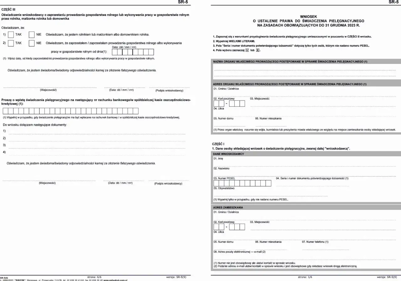 Formularz wniosku o świadczenie pielęgnacyjne. Wnioskodawca oświadcza, że zaprzestał prowadzenia gospodarstwa rolnego.