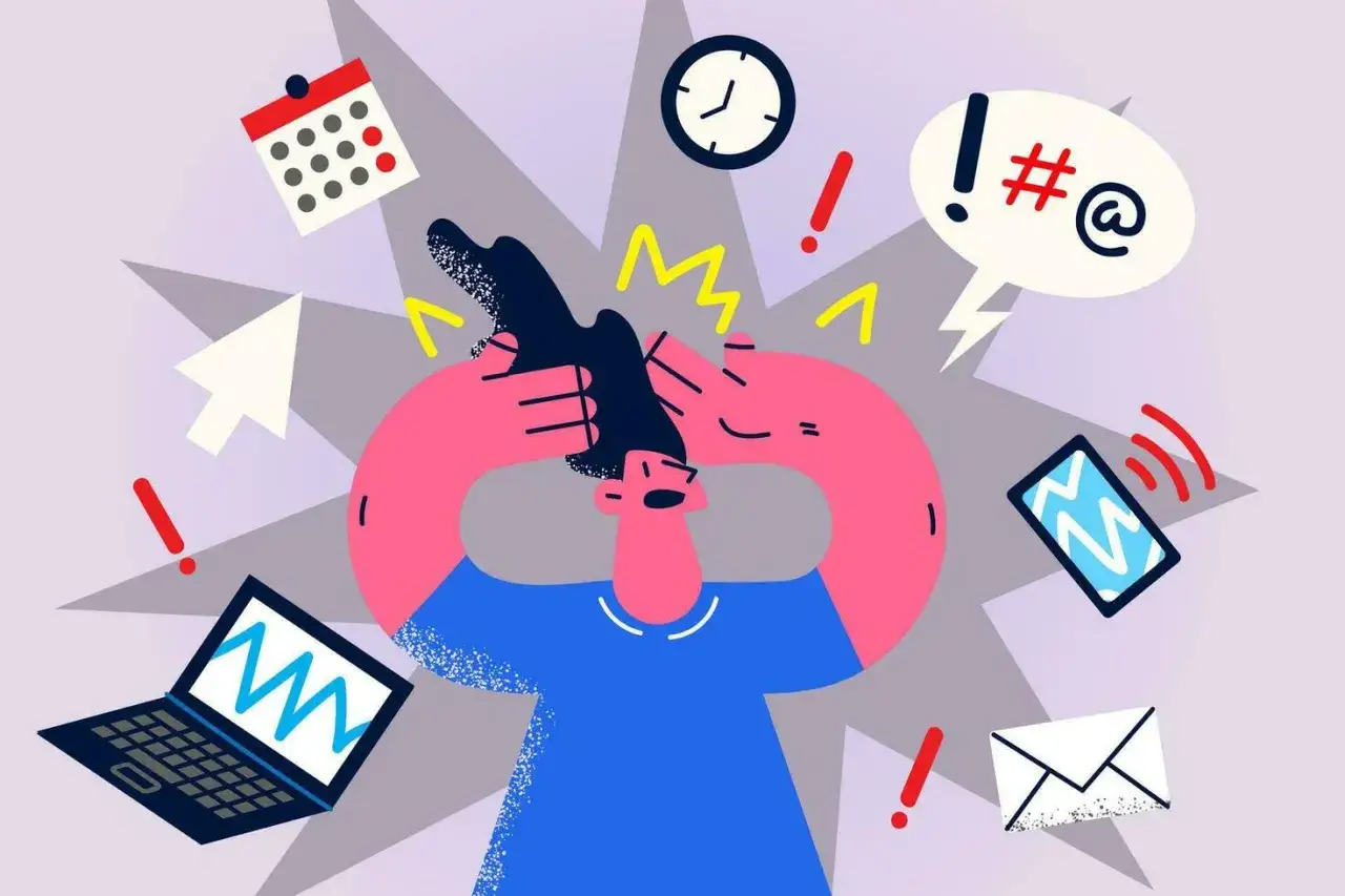 Kobieta zmagająca się z nadmiarem bodźców, symbolizującym chaos i trudności związane z adhd u kobiet.