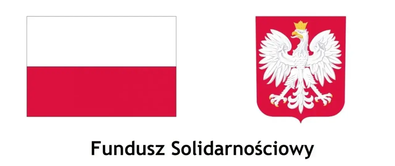 Flaga Polski i godło z orłem. Pod nimi napis