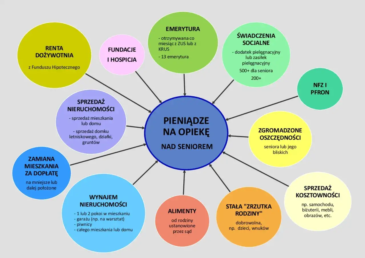 Pieniądze na opiekę nad seniorem: emerytura, świadczenia socjalne (dodatek pielęgnacyjny), sprzedaż nieruchomości, wynajem, alimenty, zrzutka rodziny, oszczędności, renta dożywotnia, fundacje, NFZ i PFRON, sprzedaż kosztowności.