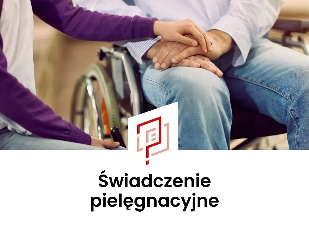 Młoda osoba wspiera starszego mężczyznę na wózku inwalidzkim. To świadczenie pielęgnacyjne dla seniora, zapewniające mu wsparcie i opiekę.