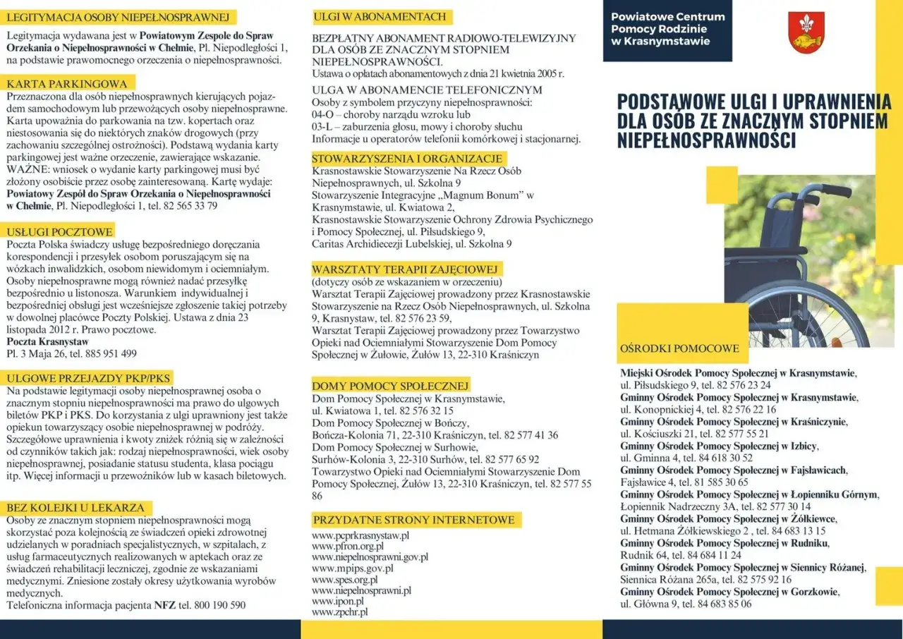 Informacje o ulgach i uprawnieniach dla osób ze znacznym stopniem niepełnosprawności, w tym o legitymacji i karcie parkingowej.