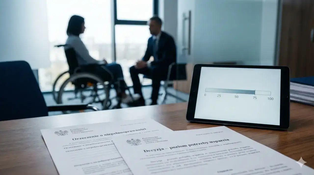 Na stole leżą dokumenty i tablet z wykresem, który pokazuje ustalenie poziomu potrzeby wsparcia. W tle siedzą dwie osoby, jedna na wózku inwalidzkim.